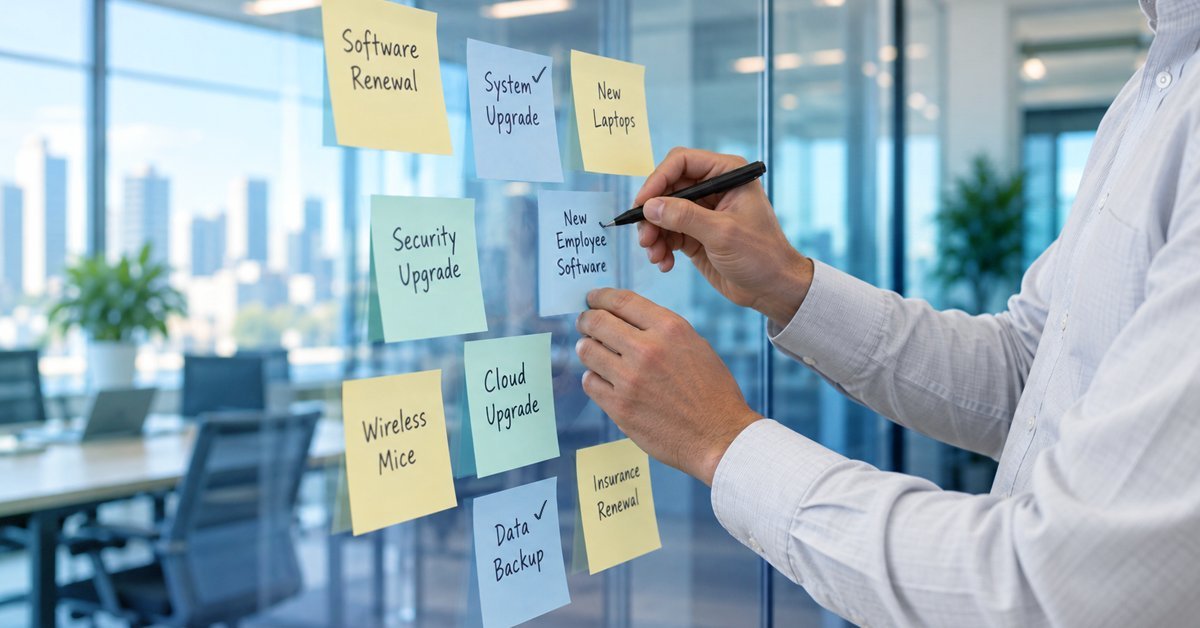 Person placing IT budget sticky notes on a glass wall